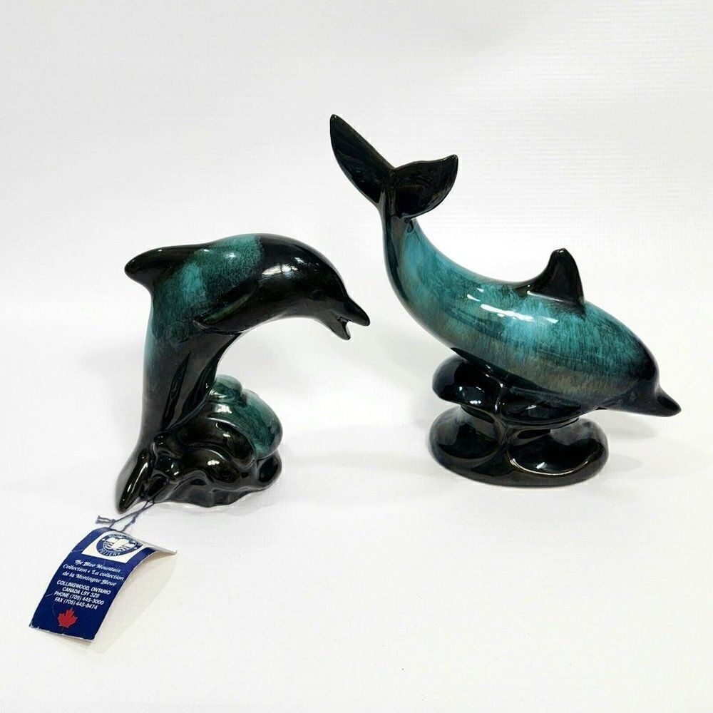 2‎ Vintage Blue Mountain Pottery Big Dolphin Figures Retro Home Decor